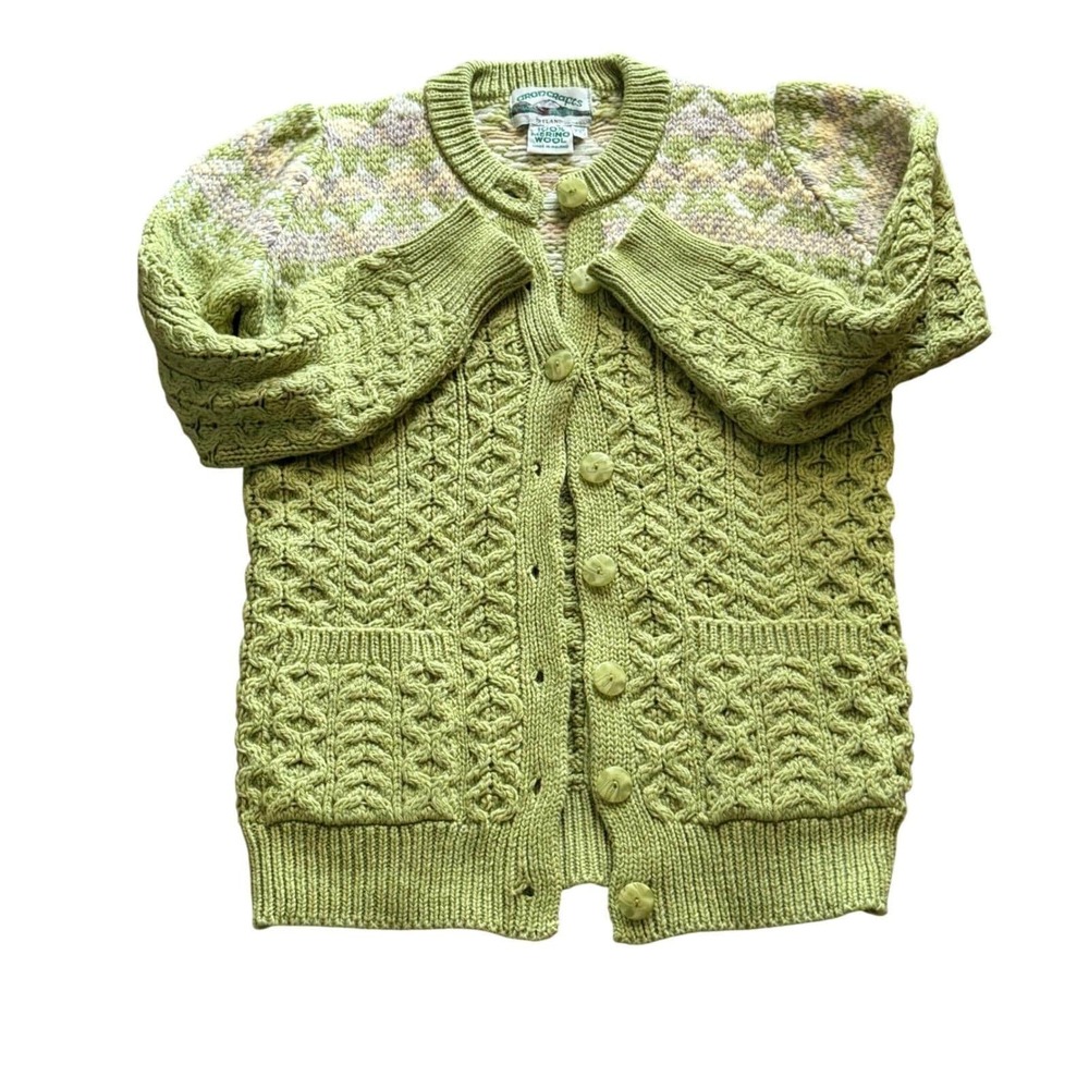 Vintage Aran Crafts Merino Wool Cable Knit Cardigan Lagenlook Cottage‎ Irish XXS